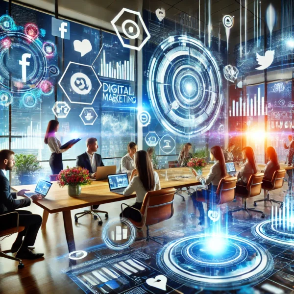 DALL·E 2025-03-13 19.40.33 - A modern and vibrant digital marketing agency concept. The image showcases a futuristic office space with professionals analyzing marketing data on la