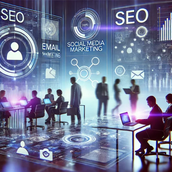 DALL·E 2025-03-13 19.42.00 - A modern and sleek digital marketing concept illustration. The image features a futuristic office with professionals working on laptops, analyzing gra