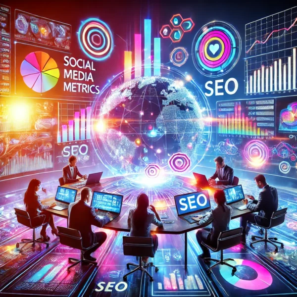 DALL·E 2025-03-13 19.42.49 - A visually striking digital marketing concept image. The image features a futuristic workspace with multiple digital screens displaying analytics, soc