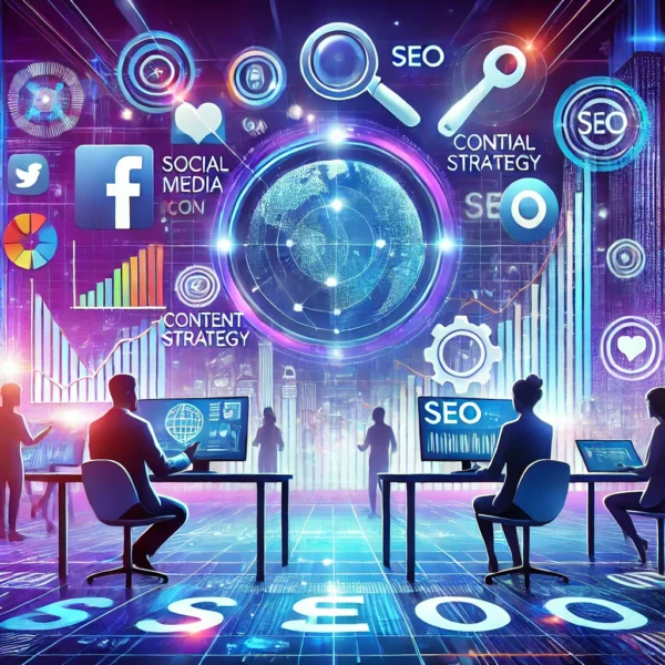 DALL·E 2025-03-13 19.46.57 - A vibrant and modern digital marketing concept illustration. The image features a professional marketing team analyzing data on large digital screens,