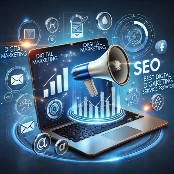 DALL·E 2025-03-13 19.47.51 - A modern digital marketing concept illustration. The image features a laptop screen displaying graphs, social media icons, SEO analytics, and a megaph